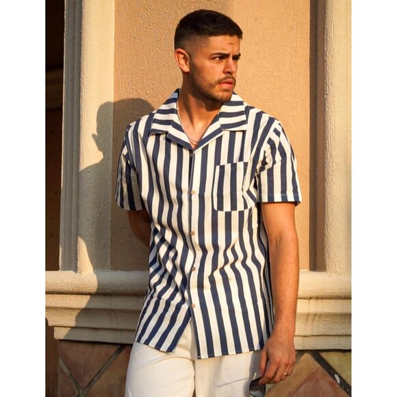 Men's Hawaiian Shirts Short Sleeve Linen Button Down Beach Shirts Stripe Navy - Picture 2 of 5